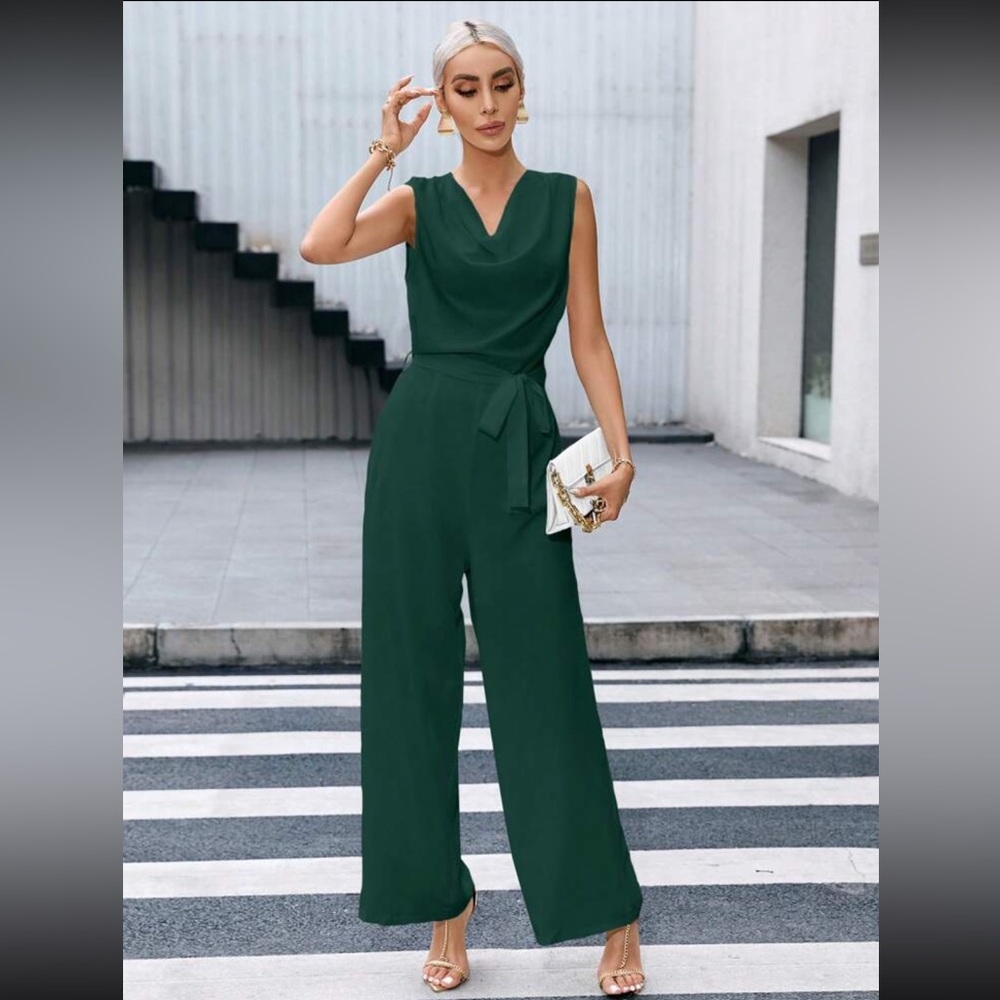NEW SHEIN Women's Cowl Neck Belted Jumpsuit Forest Green small
